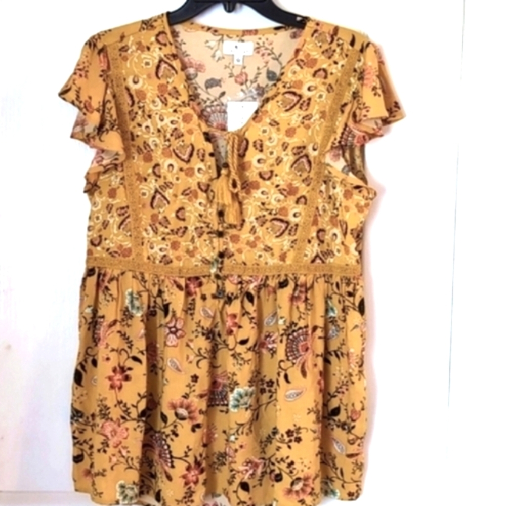 True Craft Flutter Sleeve Saffron Floral Top. Size Large $48. Boho - Picture 3 of 16